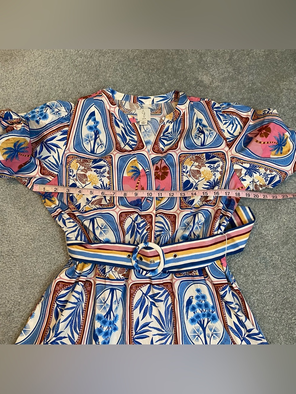 Joie Tropical Floral Bird Print Belted Puff Sleeve Flared Mini Dress Sz 10 - Picture 8 of 9